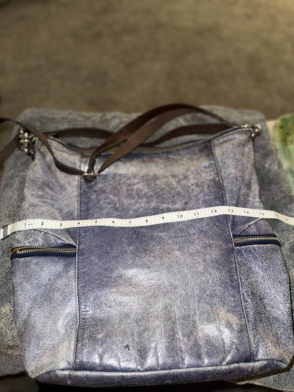 Tano Distressed Blue Leather Hobo Crossbody Shoulder Bag Front Zip